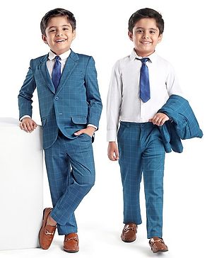 Babyhug Full Sleeves Stretch Party Suit Checkered - White & Royal Blue