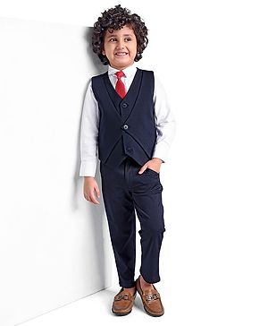 Babyhug Full Sleeves Solid Colour 3 Pieces Party Suit with Stretch - White & Navy Blue