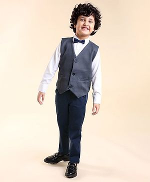 Babyhug  Full Sleeves Stretch Party Suit  with Bow - White & Royal Blue