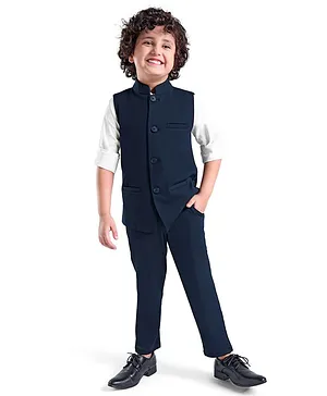 Babyhug Woven Full Sleeves Stretch Fit Party Suit With Waist Coat - Navy Blue