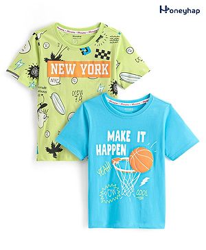 Honeyhap Premium 100% Cotton Jersey With Bio Finish T-Shirts Text Print Pack Of 2 - Green & Blue