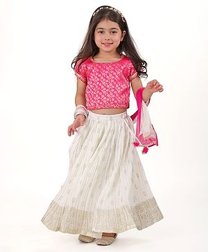 Babyhug Woven Half Sleeves Sequenced Brocade Choli With Foil Printed Lehenga & Dupatta Set - Off White & Fuschia