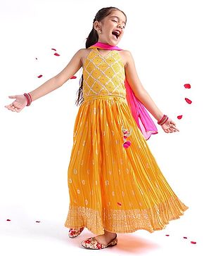 Babyhug Halterneck Sleeveless Zari Embroidered Choli with Foil Printed Lehenga and Dupatta Set - Mustard