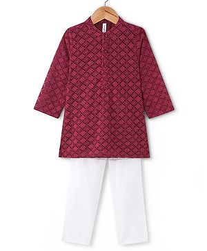 Babyhug 100% Cotton Schiffli Woven Full Sleeves Kurta & Pyjama Set With Floral Design - Maroon