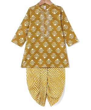 Babyhug 100% Cotton Woven Full Sleeves Floral Print  Kurta & Dhoti Set - Yellow