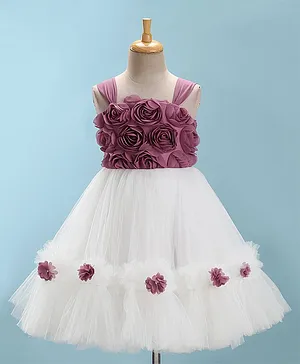 Bluebell Net Sleeveless Party Dresses With Floral Applique & Detailing - White & Light Purple