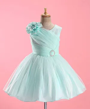 Bluebell Net Sleeveless Party Frock With Floral Corsage - Green