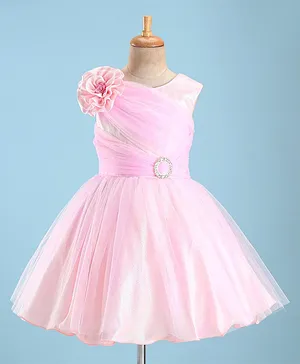 Bluebell Net Sleeveless Party Frock With Floral Corsage - Pink