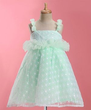 Bluebell Woven Sleeveless Party Frock With Floral Applique & Embroidery - Green