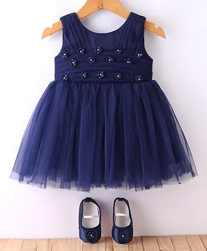 Bluebell  Sleeveless Party Frock With Bootie & Floral Applique - Navy Blue
