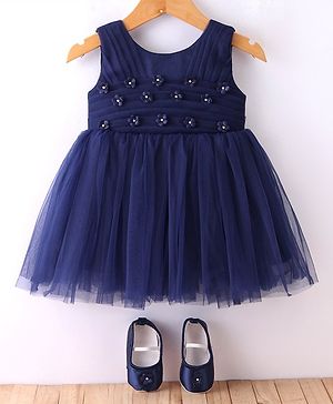 Bluebell  Sleeveless Party Frock With Bootie & Floral Applique - Navy Blue