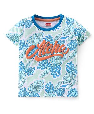 Babyhug Cotton Knit Half Sleeves Tropical & Text Printed T-Shirt - White & Blue
