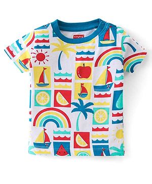 Babyhug 100% Cotton Knit Half Sleeves T-Shirt Boat Print -White