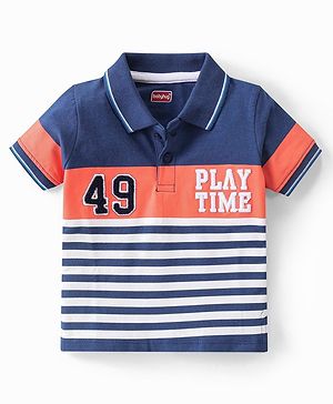 Babyhug Cotton Knit Half Sleeves  Striped Polo  T-Shirt with  Embroidery Detailing  - Navy Blue