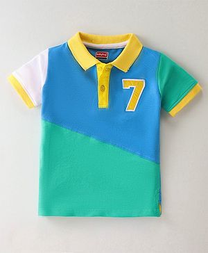 Babyhug Cotton Knit Half Sleeves Cut & Sew with Graphics & Embroidery Detailing Polo T-Shirt - Blue & Green
