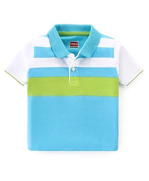 Babyhug 100% Cotton Knit Half Sleeves Striped Polo T-Shirt- Blue & Green