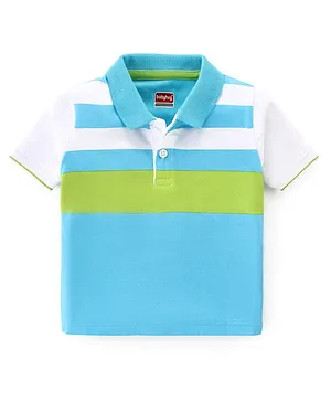 Babyhug 100% Cotton Knit Half Sleeves Striped Polo T-Shirt- Blue & Green