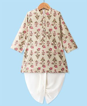 Babyhug Cotton Dobby Full Sleeves Floral Printed Kurta & Dhoti Set - Beige