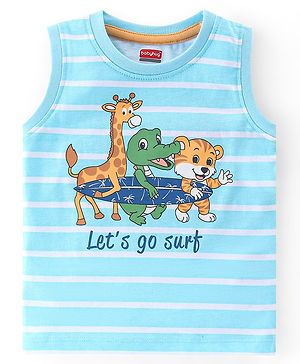 Babyhug 100% Cotton Knit Sleeveless T-Shirt with Animal Graphics - Blue & White
