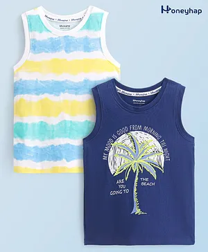 Honeyhap Premium 100% Cotton Jersey Knit Sleeveless Palm Tree Print T-Shirts with Bio Finish Pack Of 2 - Blue & White