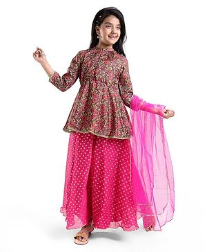 Pine Kids Full Sleeves Floral Detailing Choli with Foil Printed Lehenga Set with Dupatta - Pink