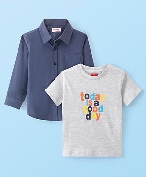 Babyhug Cotton Woven Full Sleeves Shirt With T-Shirt With Text Print - Navy Blue