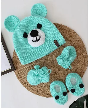 Woonie Bear Applique Detailed  Cap With Coordinating  Mittens & Socks Set - Green