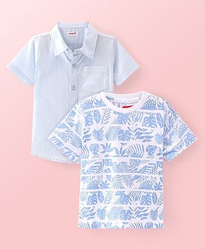Babyhug Cotton Woven Half Sleeves   Solid Shirt with T-Shirt Leaf Print - Blue