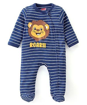 Babyhug Cotton Knit Full Sleeves Striped Sleep Suit With Lion Print - Blue