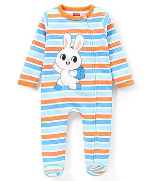 Babyhug Cotton Full Sleeves Striped Sleepsuit Bunny Print - Multicolour