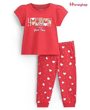 Honeyhap Premium 100%  Cotton Jersey Half Sleeves Heart Printed Night Suit with Bio Finish- High Risk Red