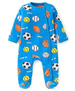 Babyhug Cotton Knit Full Sleeves Footed Sleep Suit With Sports Print - Blue