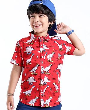 Babyhug Cotton Woven Half Sleeves Dino Printed Shirt - Red