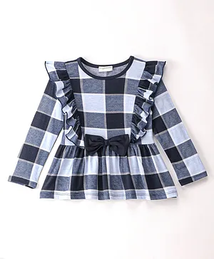 CrayonFlakes Full Sleeves Plaid Checked Frilled Detailed Top - Blue