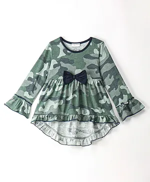 CrayonFlakes Full Sleeves  Camouflage Printed Bow Detailed  High Low Top - Green