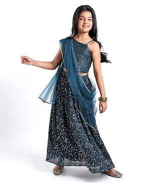 Pine Kids Woven Sleeveless Floral Sequin Embroidered Choli & Lahenga Set with Dupatta - Blue