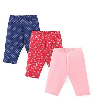 Babyhug Cotton Knit Single Jersey Three Fourth Leggings With Polka Dot & Floral Print Pack of 3 - Navy Blue Red & Pink