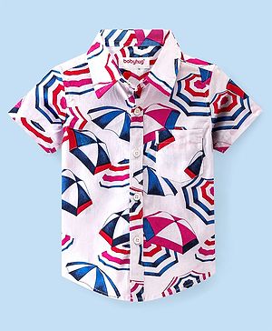Babyhug 100% Cotton Knit Half Sleeve Regular Collar Shirt Umbrella Print - White