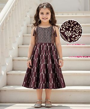 Babyhug Woven Singlet Sleeves Foil Floral Printed Ethnic Dress - Maroon