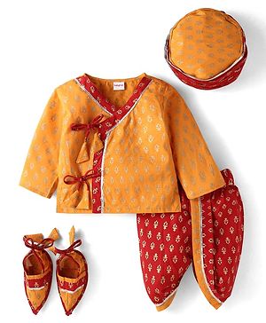 Babyhug Cotton Woven Full Sleeves  Brocade Angarakha Kurta Dhoti Jamna Set with Pair of Booties & Paghdi - Mustard