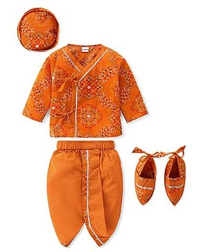 Babyhug Woven Full Sleeves Jamna Set with Forehead Cap & Booties - Mustard Yellow