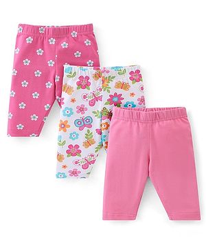 Babyhug Cotton Knit Three Fourth Leggings Floral Print Pack of 3 - Pink & White Babyhug Cotton Knit Three Fourth Leggings Floral Print Pack of 3 - Pink & White