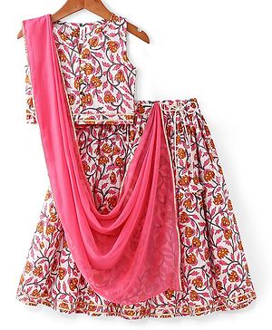 Babyhug 100% Cotton Woven Sleeveless Choli Lehenga  With Dupatta Floral Print - White & Pink