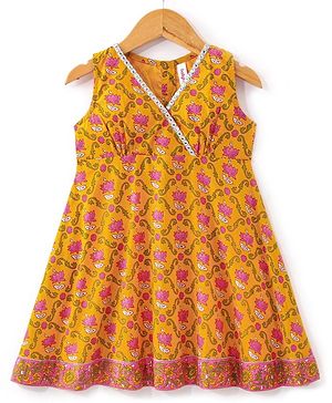 Babyhug 100% Cotton Woven  Sleeveless Ethnic Dress Floral Print- Yellow