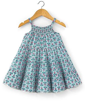 Babyhug Sleeveless Ethnic Dress With Smoking Design Floral Print - Grey