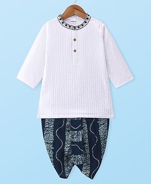 Babyhug 100% Cotton Woven Full Sleeves Floral Embroidered Kurta With Abstract Printed Dobby Dhoti Set - White