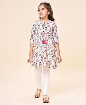 Babyhug Cotton Woven Three Fourth Sleeves Floral Printed Printed Kurti and Salwar Set- White