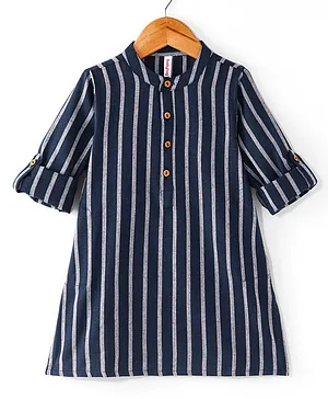 Babyhug 100% Cotton Woven Full Sleeves Kurta with Stripe Design - Navy Blue