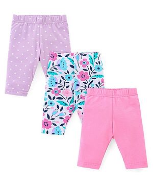 Babyhug Cotton Knit Three Fourth Leggings Dots & Floral Print Pack Of 3 - Pink & Purple Babyhug Cotton Knit Three Fourth Leggings Dots & Floral Print Pack Of 3 - Pink & Purple