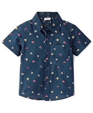 Babyhug Cotton Woven Half Sleeves Shirt Vehicle Print- Navy Blue
